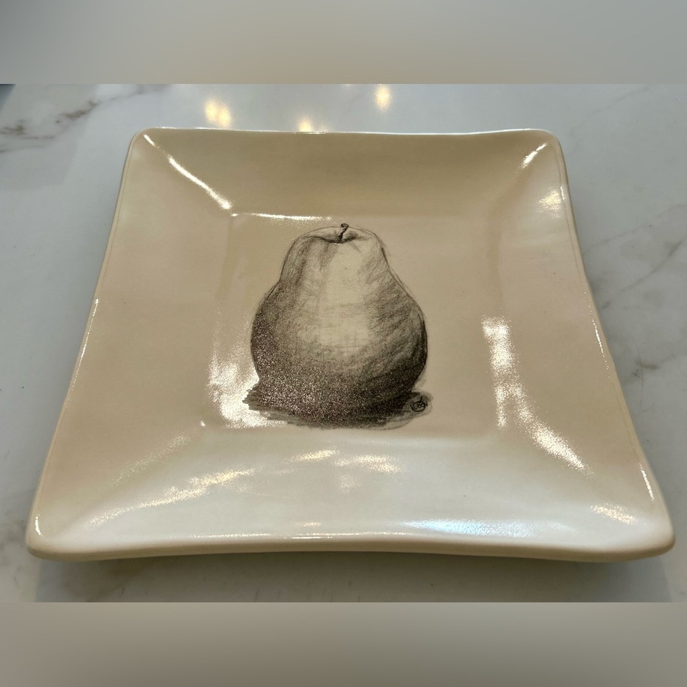 Artful Environments Ceramic Square Platter Charcoal Drawn Pear Image 9” … - Picture 2 of 5